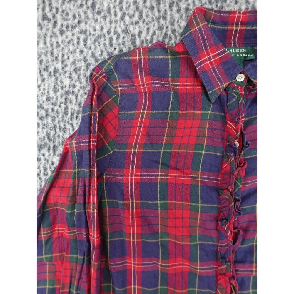 Lauren Ralph Lauren Plaid Shirt Womens Medium‎ Red Ruffle Trim Button Down